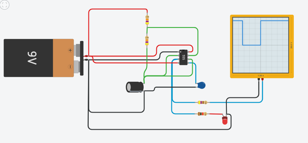 555 oscillator simulation in TinkerCAD