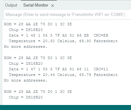 Serial monitor DS18b20 temperature readings