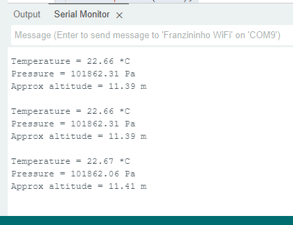 Temperature and pressure readings on serial monitor