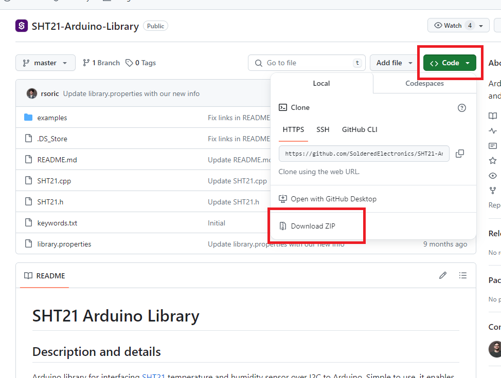 SHT21 library files for Arduino