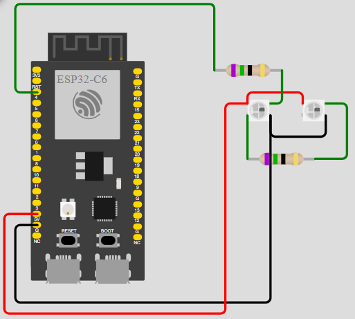 2x WS2812b in pin D4 of ESP32-C6, drawn in Wokwi