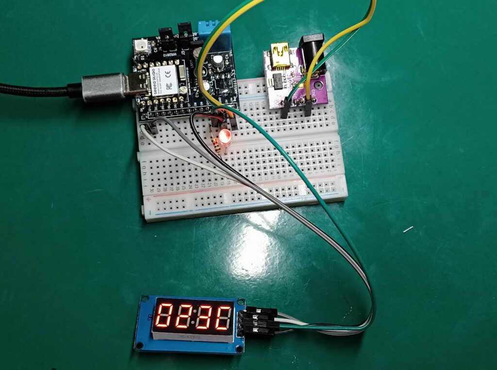 Digital thermometer on a breadboard, with ESP32-C6