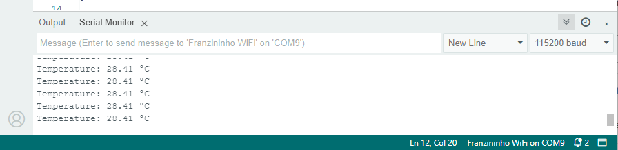 Arduino IDE serial monitor showing ESP32-C6's intenal temperature