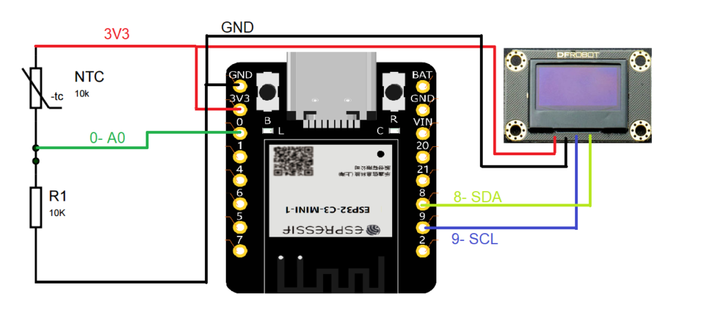 Schematic diagram of ESP32-C3 with OLED display and analog input