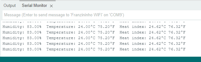 Arduino IDE serial monitor showing DHT11's values connected to ESP32-C6