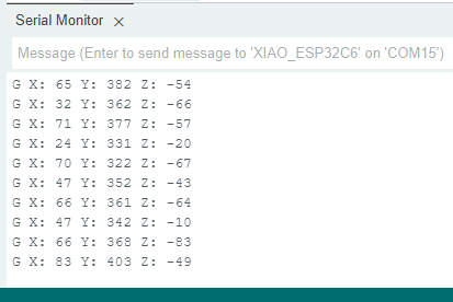 Serial monitor readings from the gyroscope at the ESP32-C6