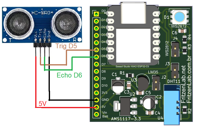 HC-SR04 ultrasonic sensor schematic diagram with ESP32-C6