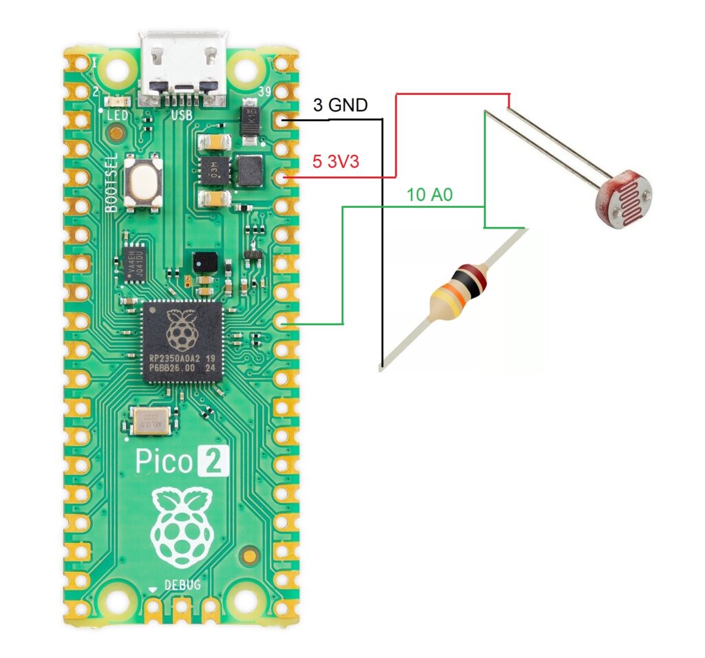 LDR connected to A0 of a Pi Pico 2