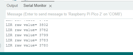 Serial monitor with LDR light readings