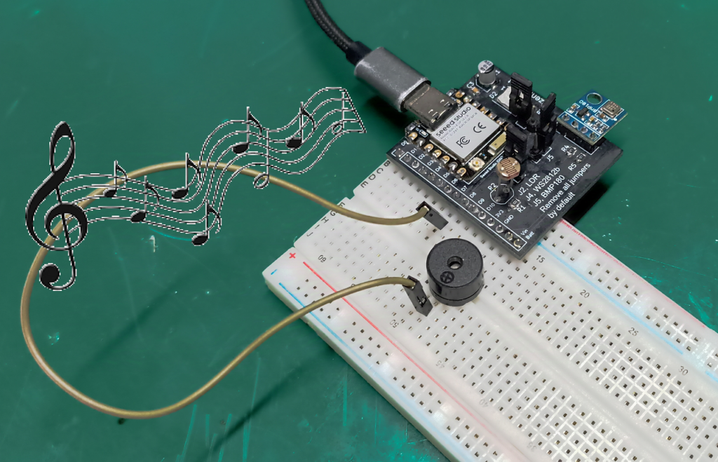 Breadboard assembly of the circuit with LDR and Buzzer