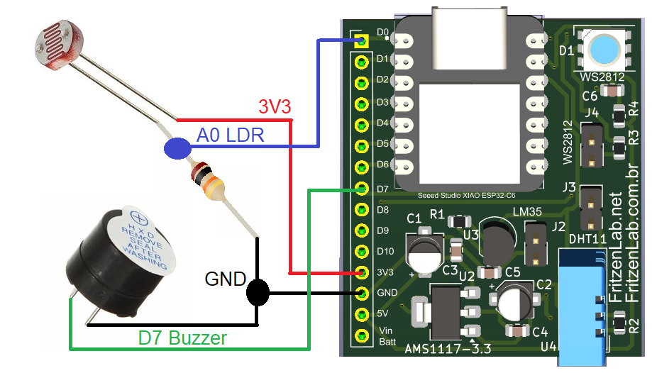 LDR and buzzer connected to an ESP32-C6