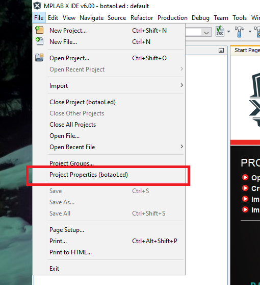 MPLAB X project properties menu