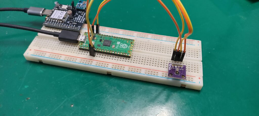 HDC1080 and RP2350 on a breadboard at an angle