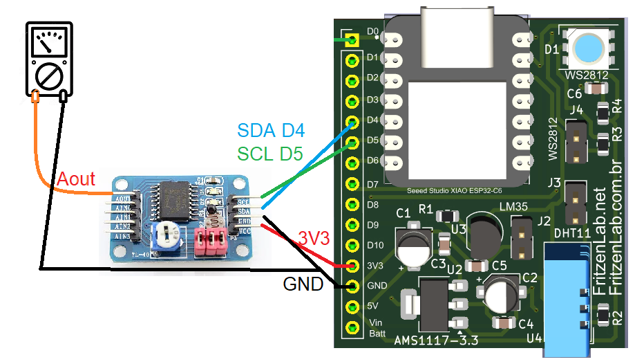 PCF8591 connected to multimeter and ESP32