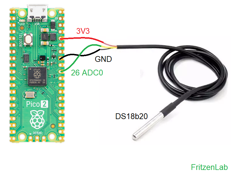 DS18b20 sensor and Pi Pico 2 schematic diagram