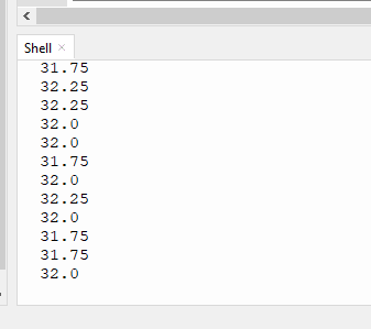 Shell screen showing temperature data from thermocouple