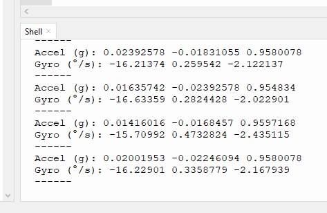 Thonny IDE shell readings from MPU-9255