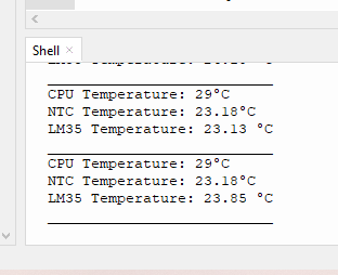 Internal, LM35 and NTC temperature readings on Shell of Thonny IDE
