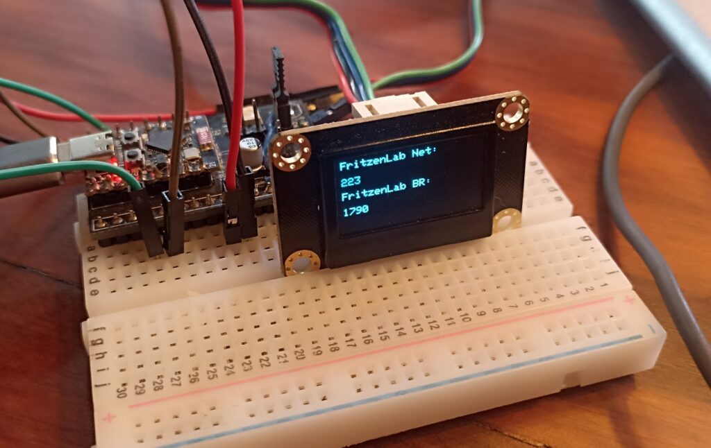 ESP32 on a breadboard with OLED display