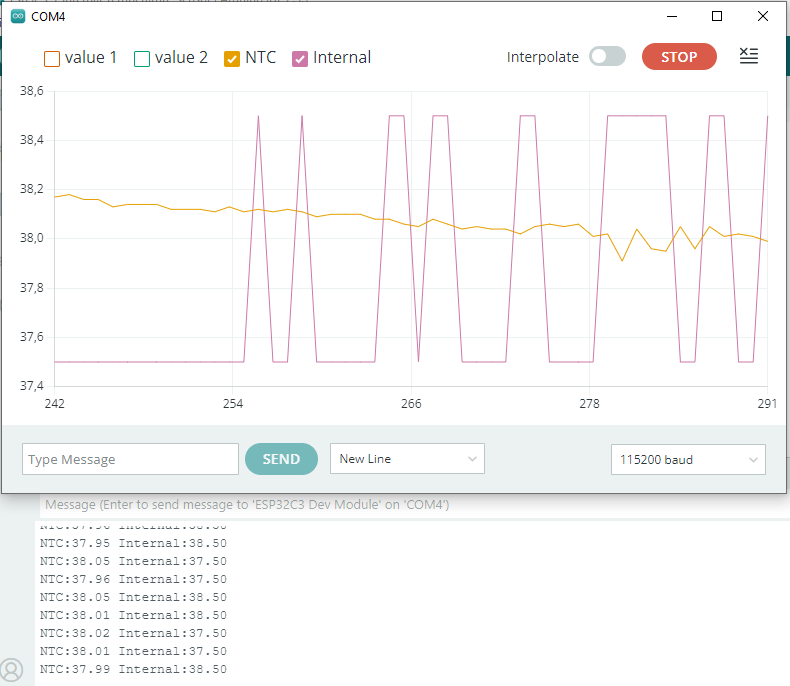 Serial plotter of the Arduino IDE with temperatures from ESP32-C3