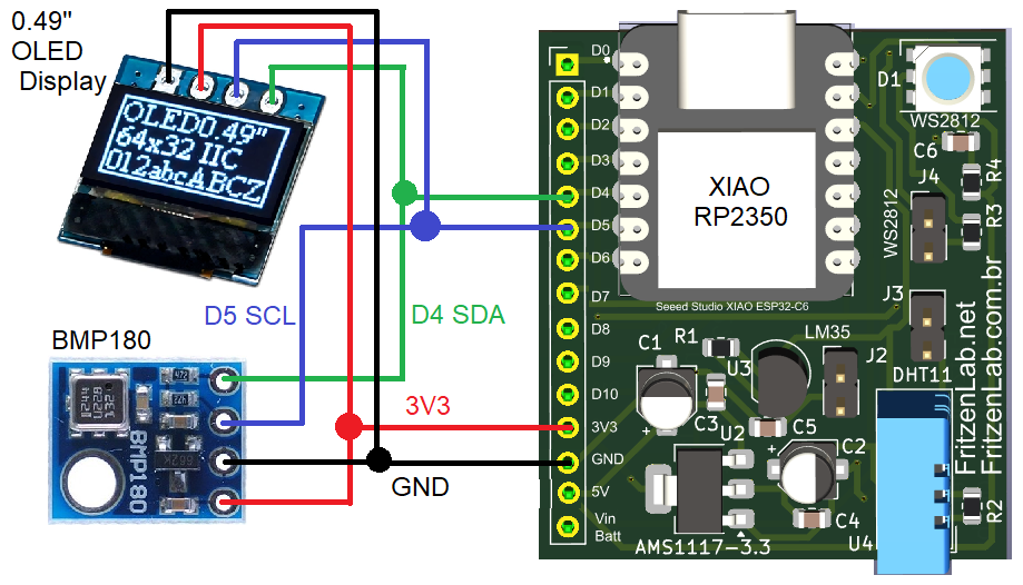 schematic diagram for the RP2350 + BMP180 + OLED