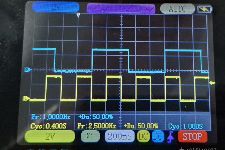 oscilloscope showing LEDs blinking